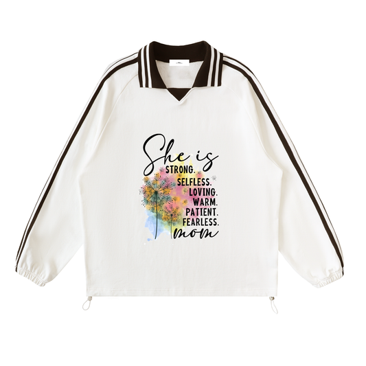 “She is Mom” Contrast Striped Lapel Collar Sweatshirt