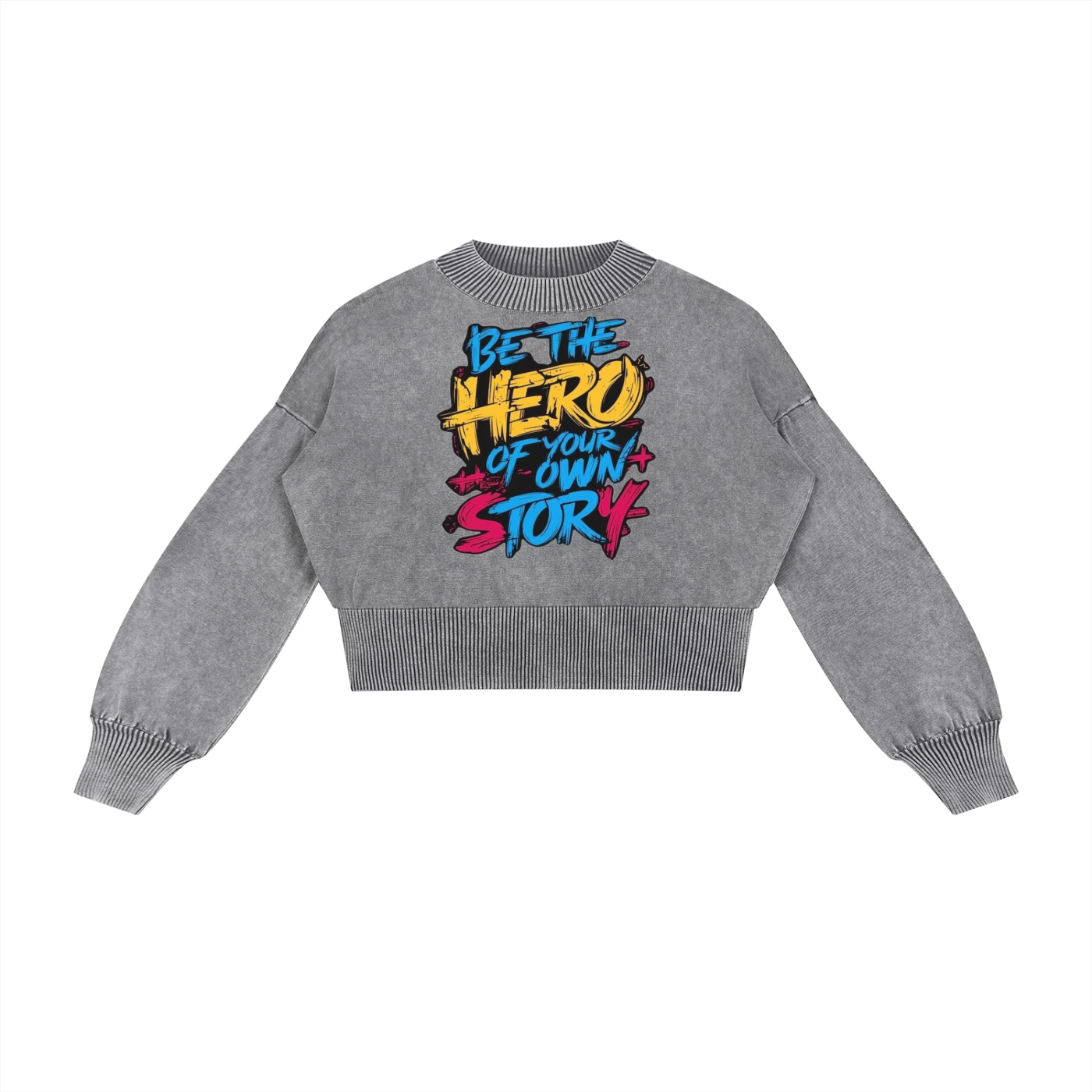 “Be The Hero of Your Own Story” Mineral Wash Balloon Sleeve Cropped Sweater