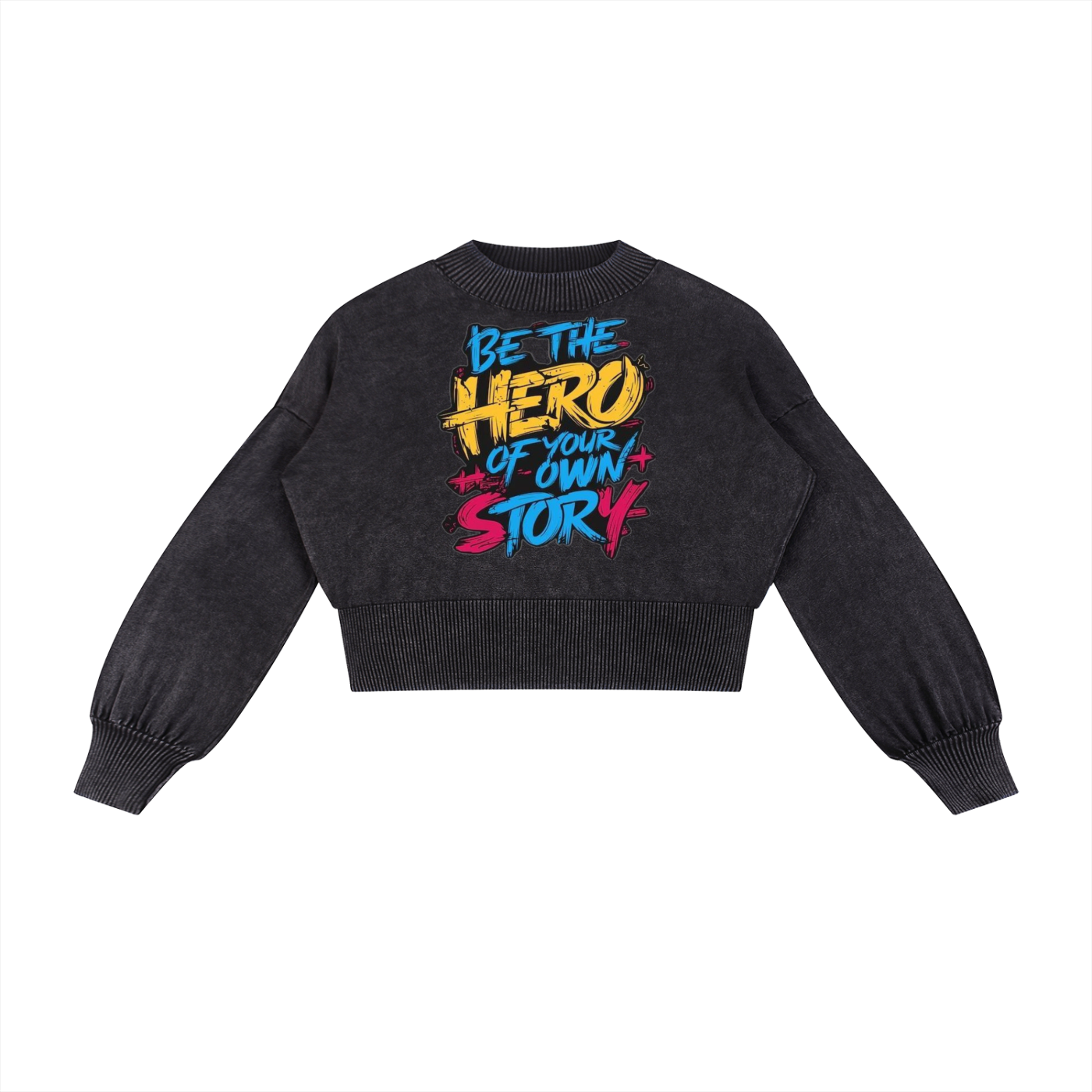 “Be The Hero of Your Own Story” Mineral Wash Balloon Sleeve Cropped Sweater